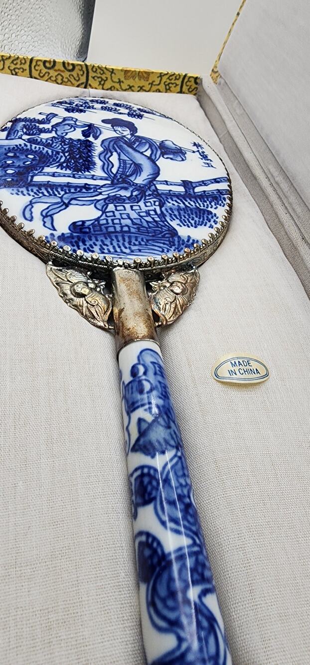Vintage Chinese Blue White Porcelain Hand Mirror Figural Scene Original Box